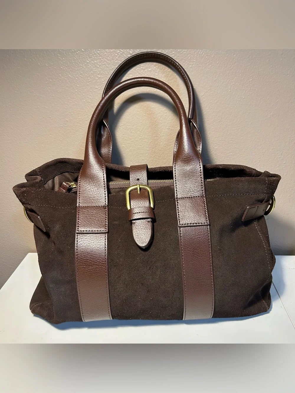 Lands’ End Suede Leather Tote Bag Brown Buckle Shoulder Handbag Large